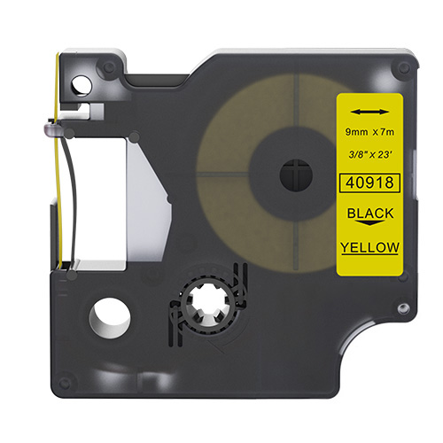 Su Dymo 40918 suderinamos etikečių juostos, juoda spauda geltoname fone, 9 mm × 7 m