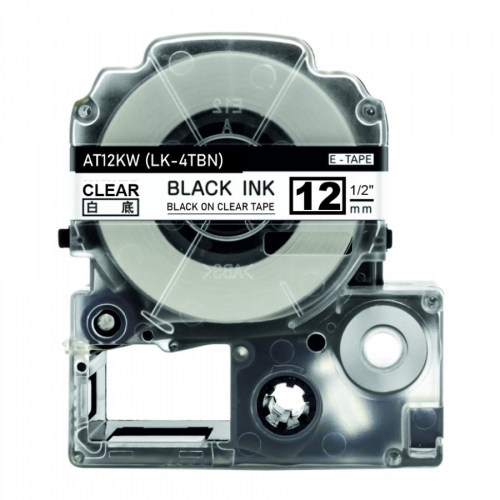 Su Epson LK-4TBN suderinamos etikečių juostos, juoda spauda skaidriame fone, 12 mm × 8 m