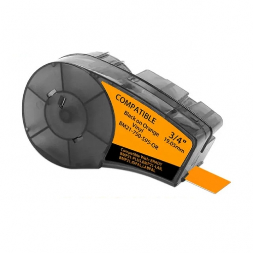 Su Brady M21-750-595-OR suderinamos etikečių juostos, juoda spauda oranžiniame fone, 19,1 mm × 6,4 m