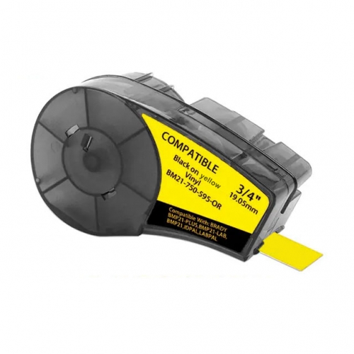 Su Brady M21-750-595-YL suderinamos etikečių juostos, juoda spauda geltoname fone, 19,1 mm × 6,4 m